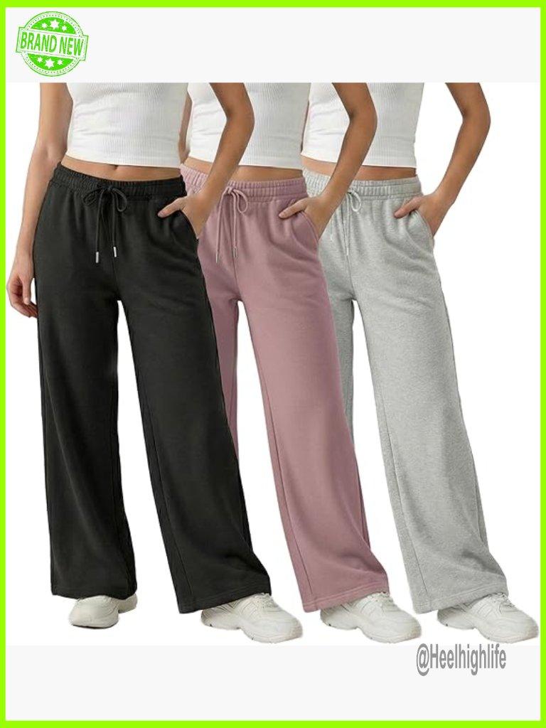3 Pack Wide Leg Fleece Sweatpants, Relaxed Fit, Deep Pockets, Lounge